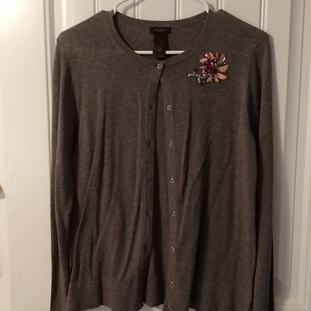 Ann Taylor grey sweater with beaded and bejeweled flower